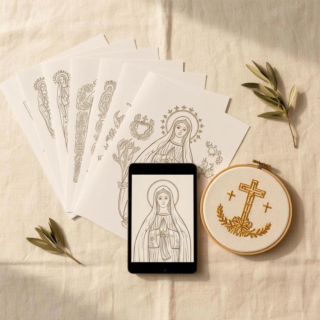 Mockup da Coleção Sacra: páginas impressas, tablet e bastidor bordado